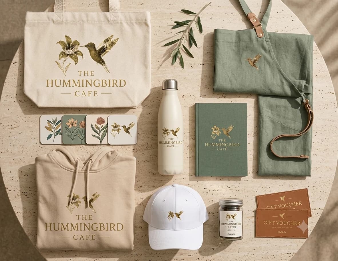 The Hummingbird Cafe flagship welcome kit — apron, hoodie, tumbler, cap, tote, journal and coffee